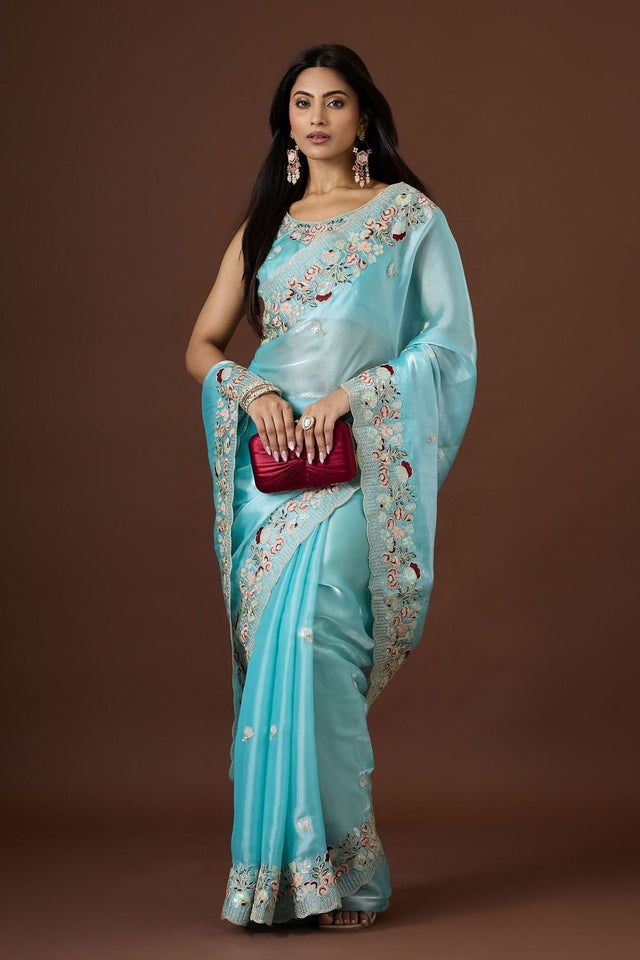 Sea Green Floral Embroidered Silk Saree (ACB1607)