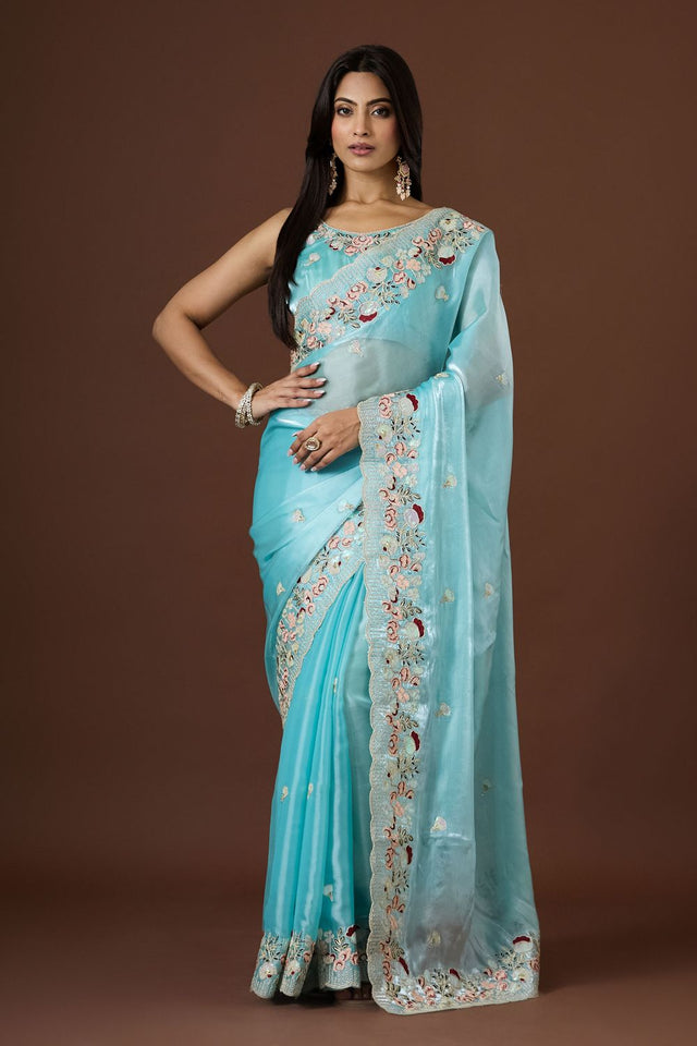 Sea Green Floral Embroidered Silk Saree (ACB1607)