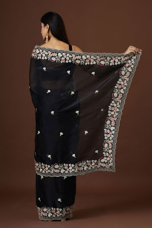Black Floral Embroidered Silk Saree (ACB1608)