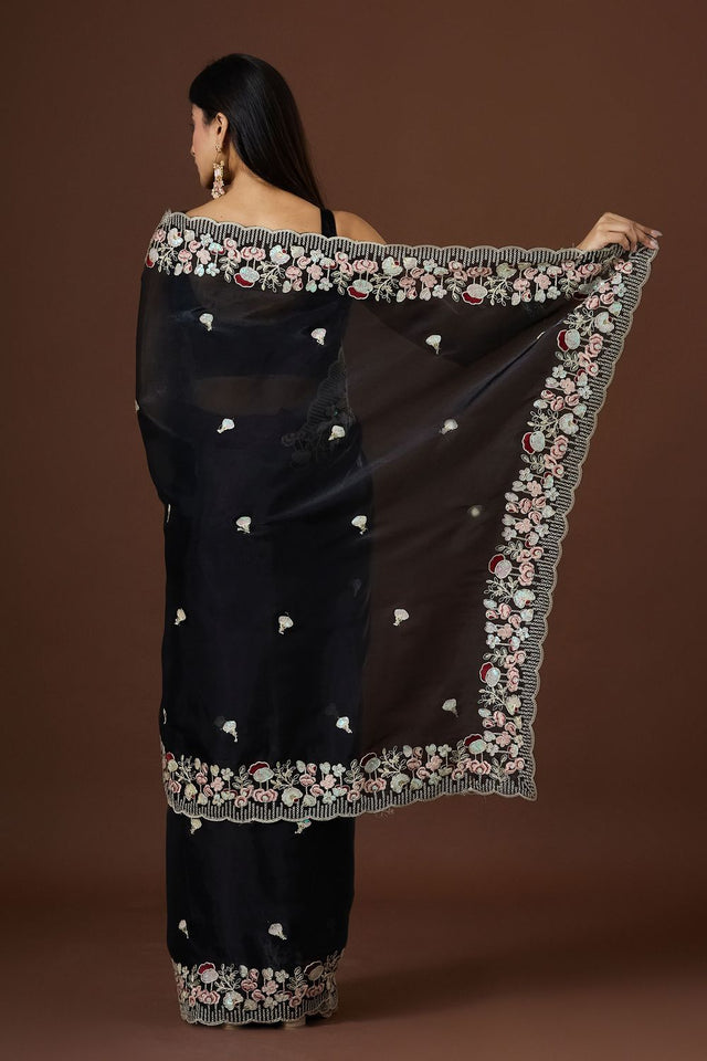 Black Floral Embroidered Silk Saree (ACB1608)