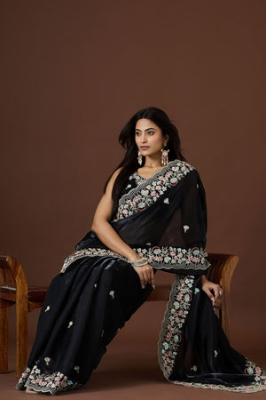 Black Floral Embroidered Silk Saree (ACB1608)
