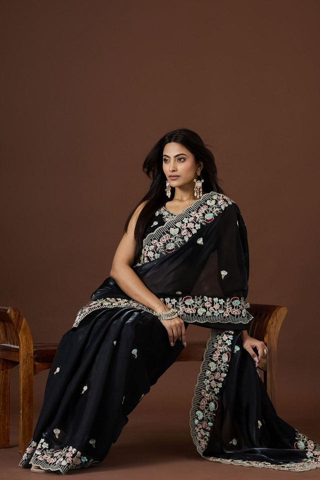 Black Floral Embroidered Silk Saree (ACB1608)