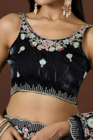 Black Floral Embroidered Silk Saree (ACB1608)