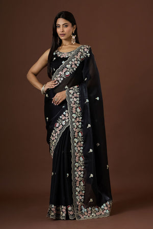 Black Floral Embroidered Silk Saree (ACB1608)