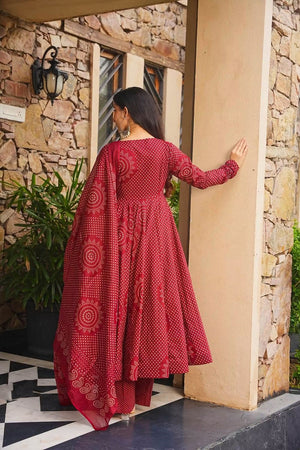 Maroon Bandhani Printed Cotton Anarkali Suit (ACB1633)
