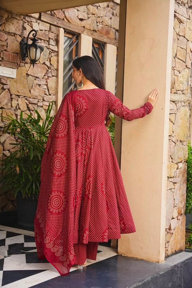 Maroon Bandhani Printed Cotton Anarkali Suit (ACB1633)