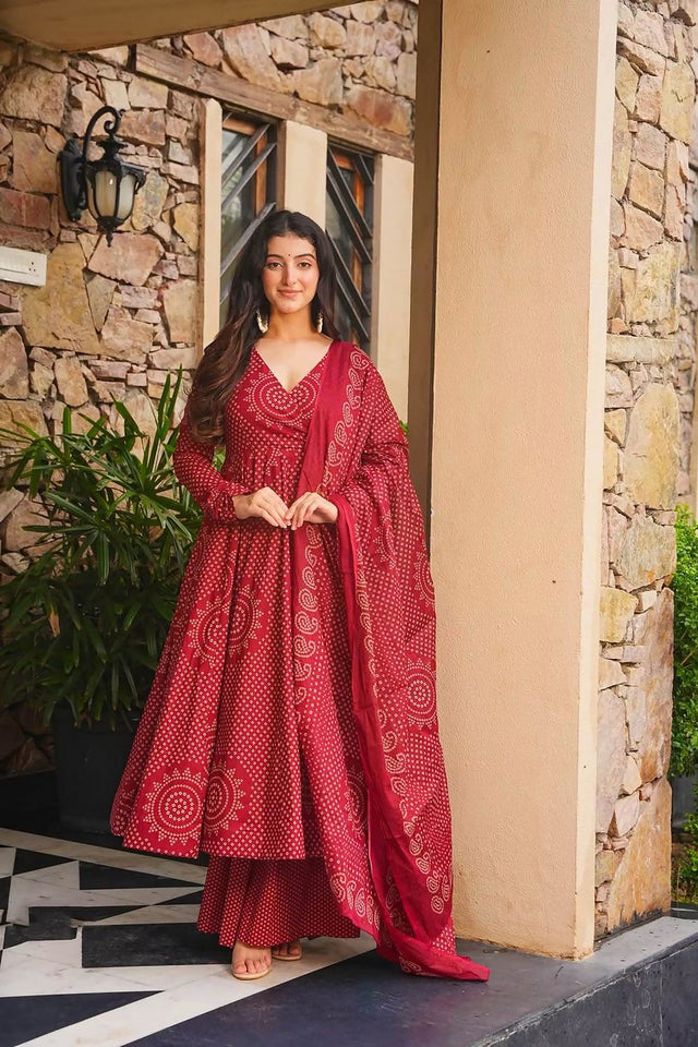 Maroon Bandhani Printed Cotton Anarkali Suit (ACB1633)