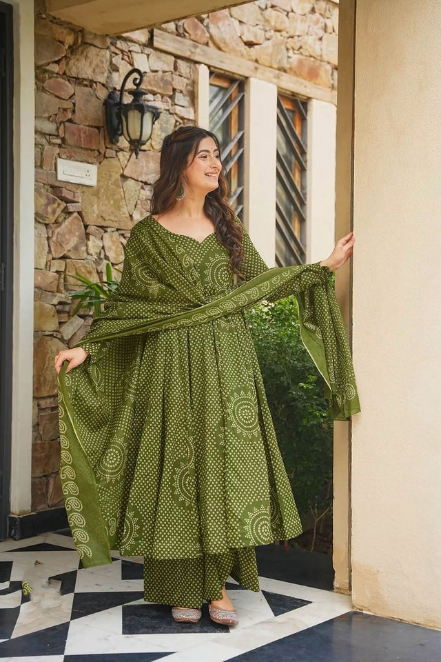 Mehendi Bandhani Printed Cotton Anarkali Suit (ACB1634)