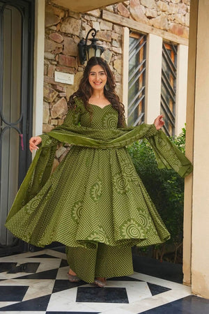 Mehendi Bandhani Printed Cotton Anarkali Suit (ACB1634)