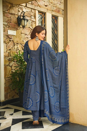 Blue Bandhani Printed Cotton Anarkali Suit (ACB1635)