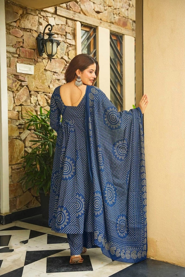 Blue Bandhani Printed Cotton Anarkali Suit (ACB1635)