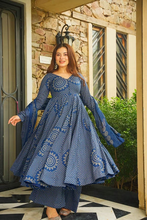 Blue Bandhani Printed Cotton Anarkali Suit (ACB1635)
