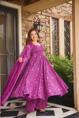 Purple Bandhani Printed Cotton Anarkali Suit (ACB1636)