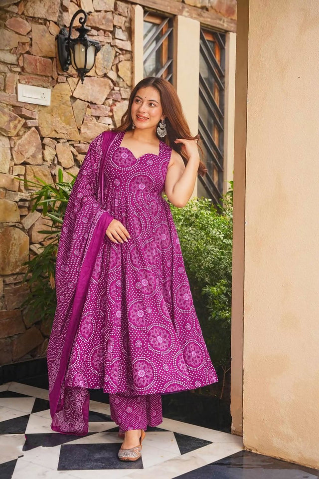 Purple Bandhani Printed Cotton Anarkali Suit (ACB1636)