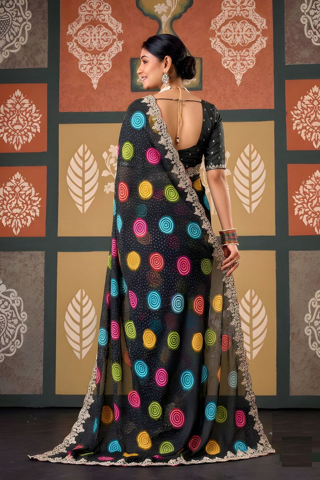 Black Printed with Embroidered Border Chiffon Saree (ACB1637)