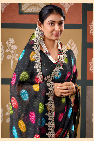 Black Printed with Embroidered Border Chiffon Saree (ACB1637)