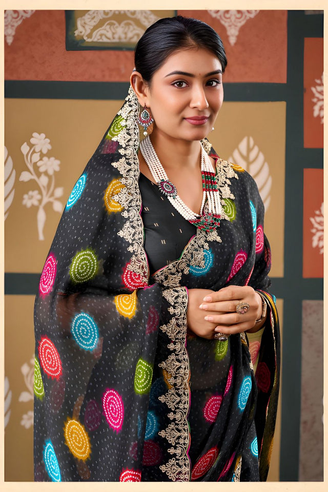 Black Printed with Embroidered Border Chiffon Saree (ACB1637)