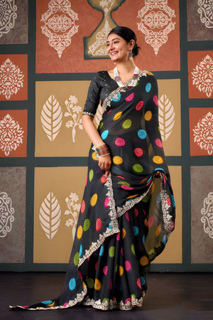 Black Printed with Embroidered Border Chiffon Saree (ACB1637)