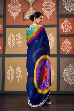 Blue Printed with Embroidered Border Chiffon Saree (ACB1638)