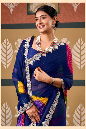 Blue Printed with Embroidered Border Chiffon Saree (ACB1638)