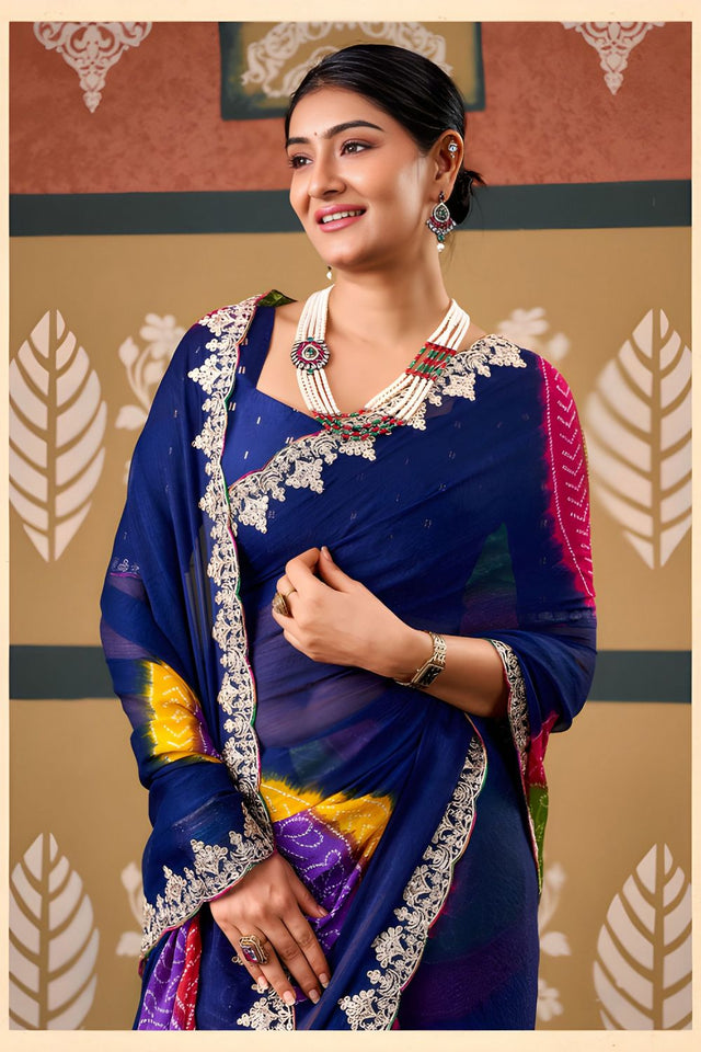 Blue Printed with Embroidered Border Chiffon Saree (ACB1638)