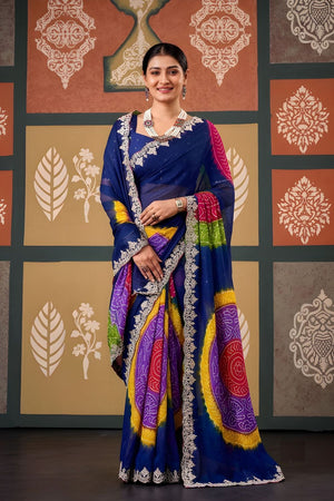 Blue Printed with Embroidered Border Chiffon Saree (ACB1638)