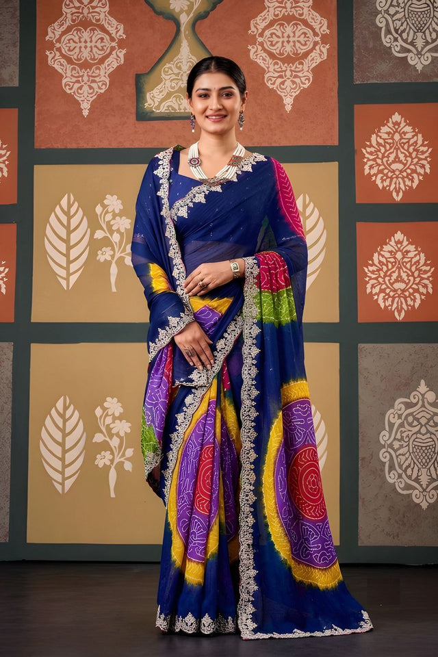 Blue Printed with Embroidered Border Chiffon Saree (ACB1638)