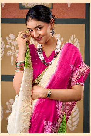 Pink Printed with Embroidered Border Chiffon Saree (ACB1639)