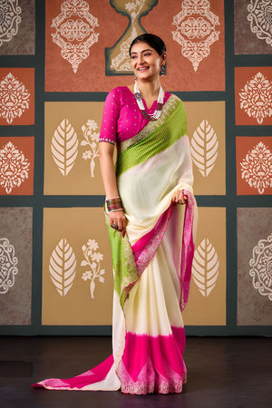 Pink Printed with Embroidered Border Chiffon Saree (ACB1639)