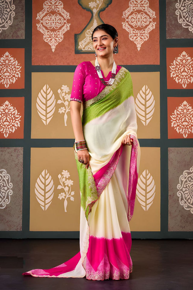Pink Printed with Embroidered Border Chiffon Saree (ACB1639)