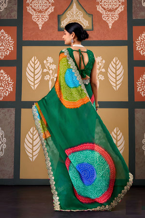 Green Printed with Embroidered Border Chiffon Saree (ACB1640)