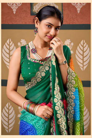 Green Printed with Embroidered Border Chiffon Saree (ACB1640)