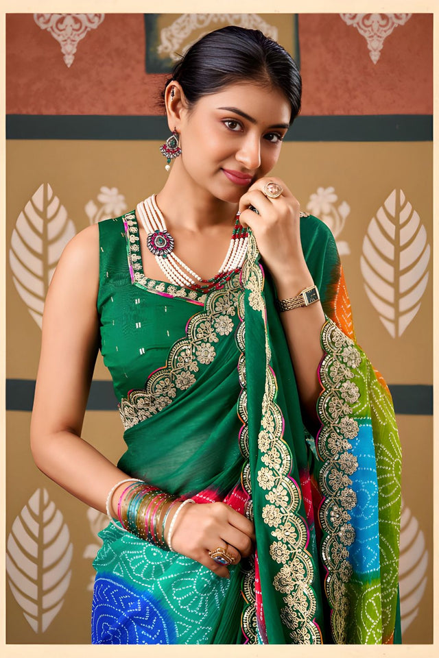 Green Printed with Embroidered Border Chiffon Saree (ACB1640)