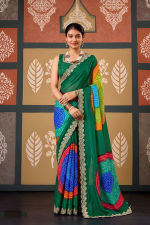 Green Printed with Embroidered Border Chiffon Saree (ACB1640)