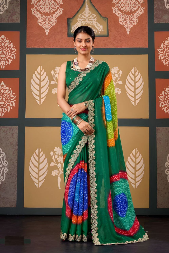 Green Printed with Embroidered Border Chiffon Saree (ACB1640)