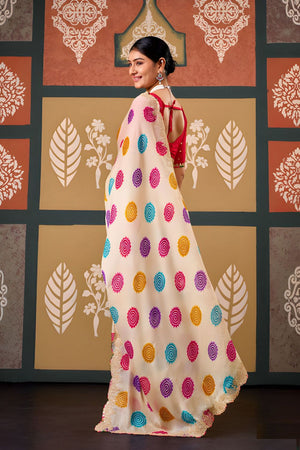 Cream Printed with Embroidered Border Chiffon Saree (ACB1641)