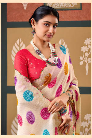 Cream Printed with Embroidered Border Chiffon Saree (ACB1641)