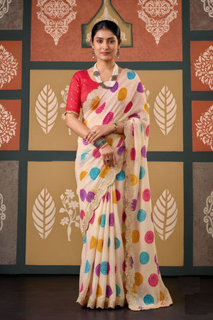 Cream Printed with Embroidered Border Chiffon Saree (ACB1641)