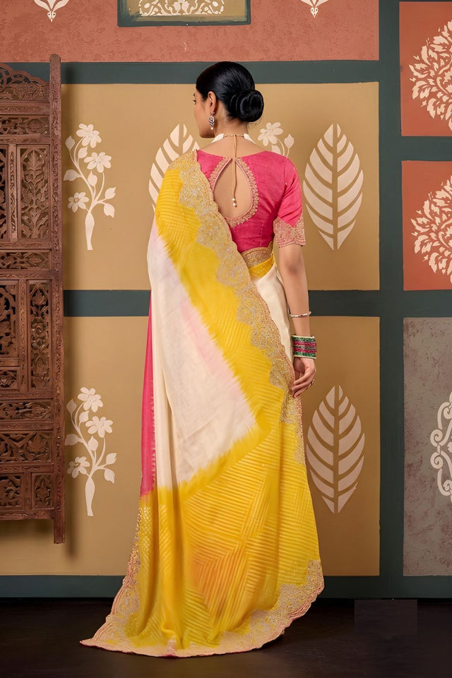 Multi Color Printed with Embroidered Border Chiffon Saree (ACB1642)
