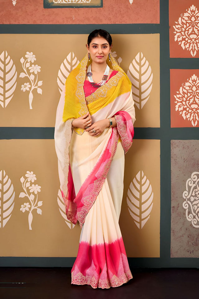 Multi Color Printed with Embroidered Border Chiffon Saree (ACB1642)
