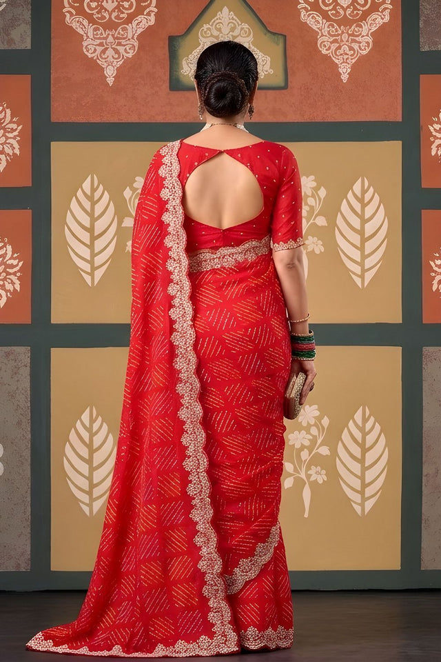 Red Printed with Embroidered Border Chiffon Saree (ACB1643)