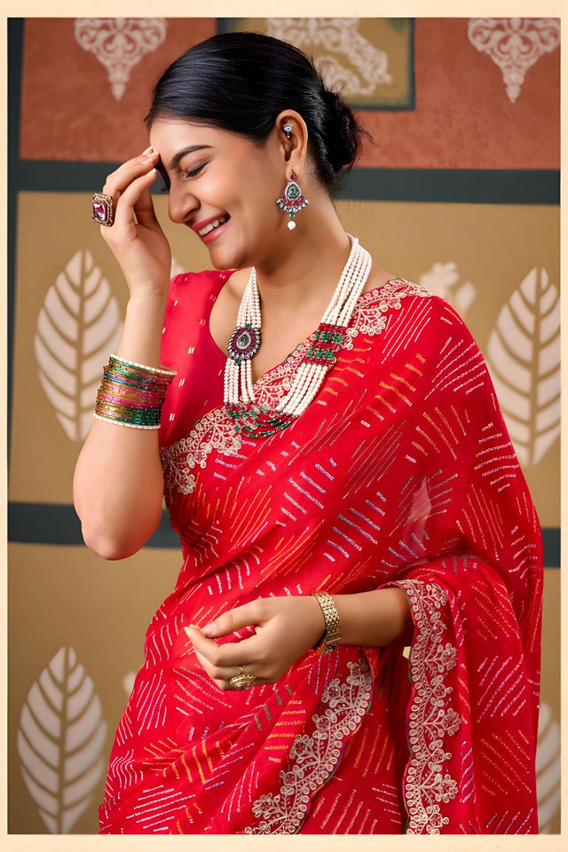 Red Printed with Embroidered Border Chiffon Saree (ACB1643)