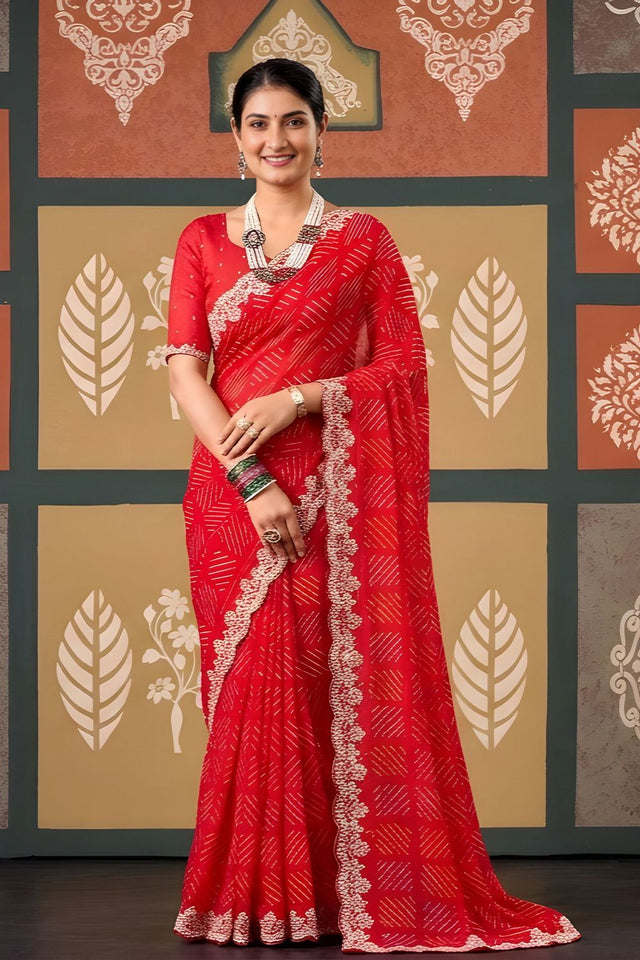 Red Printed with Embroidered Border Chiffon Saree (ACB1643)