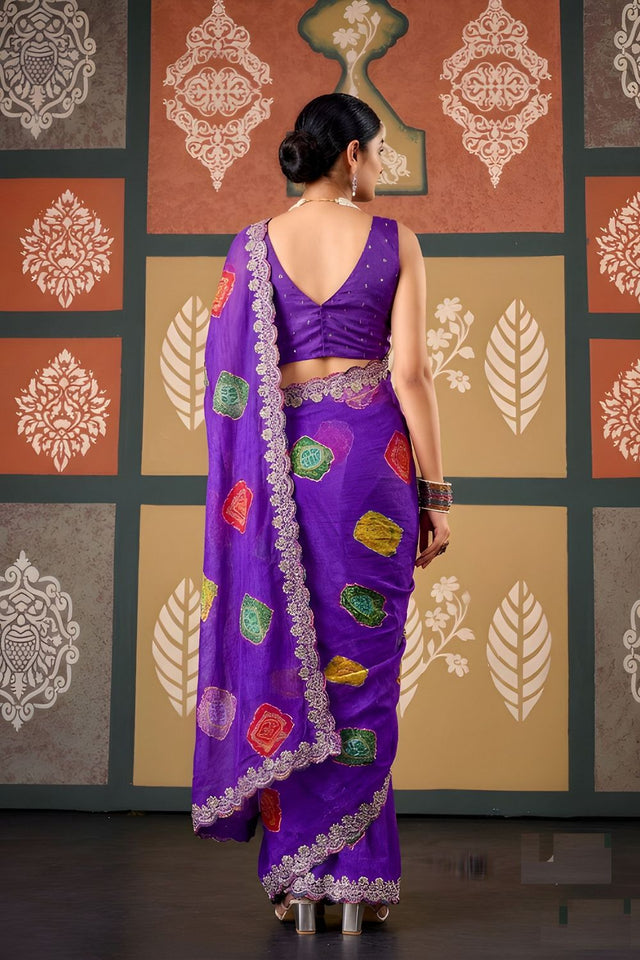 Violet Printed with Embroidered Border Chiffon Saree (ACB1644)
