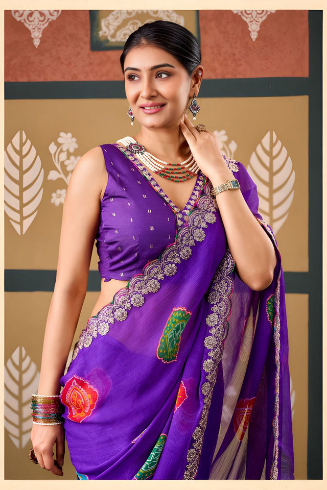 Violet Printed with Embroidered Border Chiffon Saree (ACB1644)