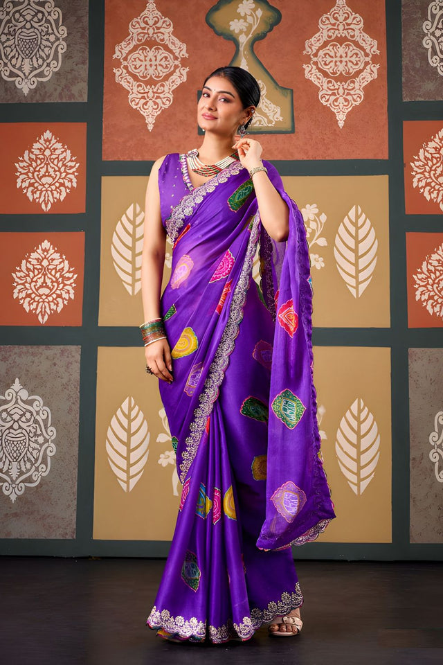Violet Printed with Embroidered Border Chiffon Saree (ACB1644)