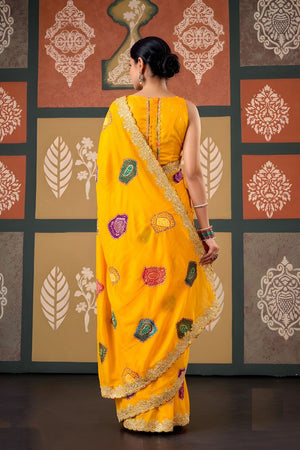 Yellow Printed with Embroidered Border Chiffon Saree (ACB1645)