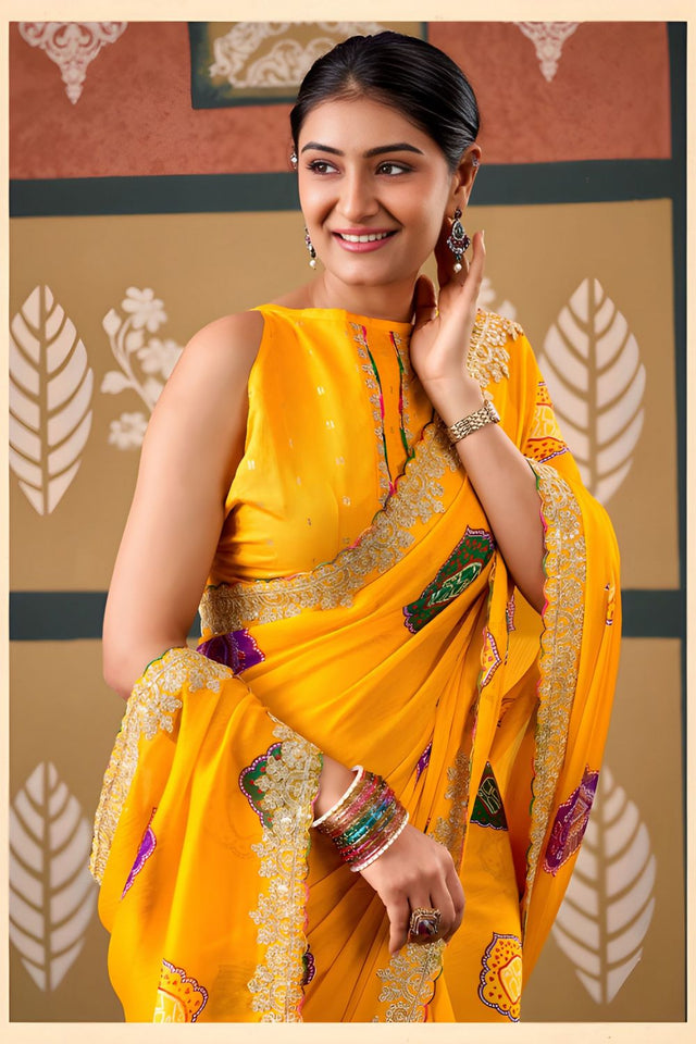 Yellow Printed with Embroidered Border Chiffon Saree (ACB1645)