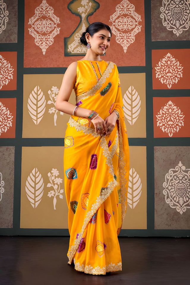 Yellow Printed with Embroidered Border Chiffon Saree (ACB1645)