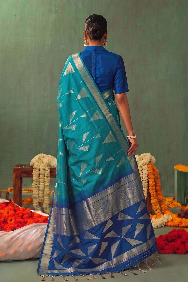 Turquoise Woven Silk Saree (ACB1647)